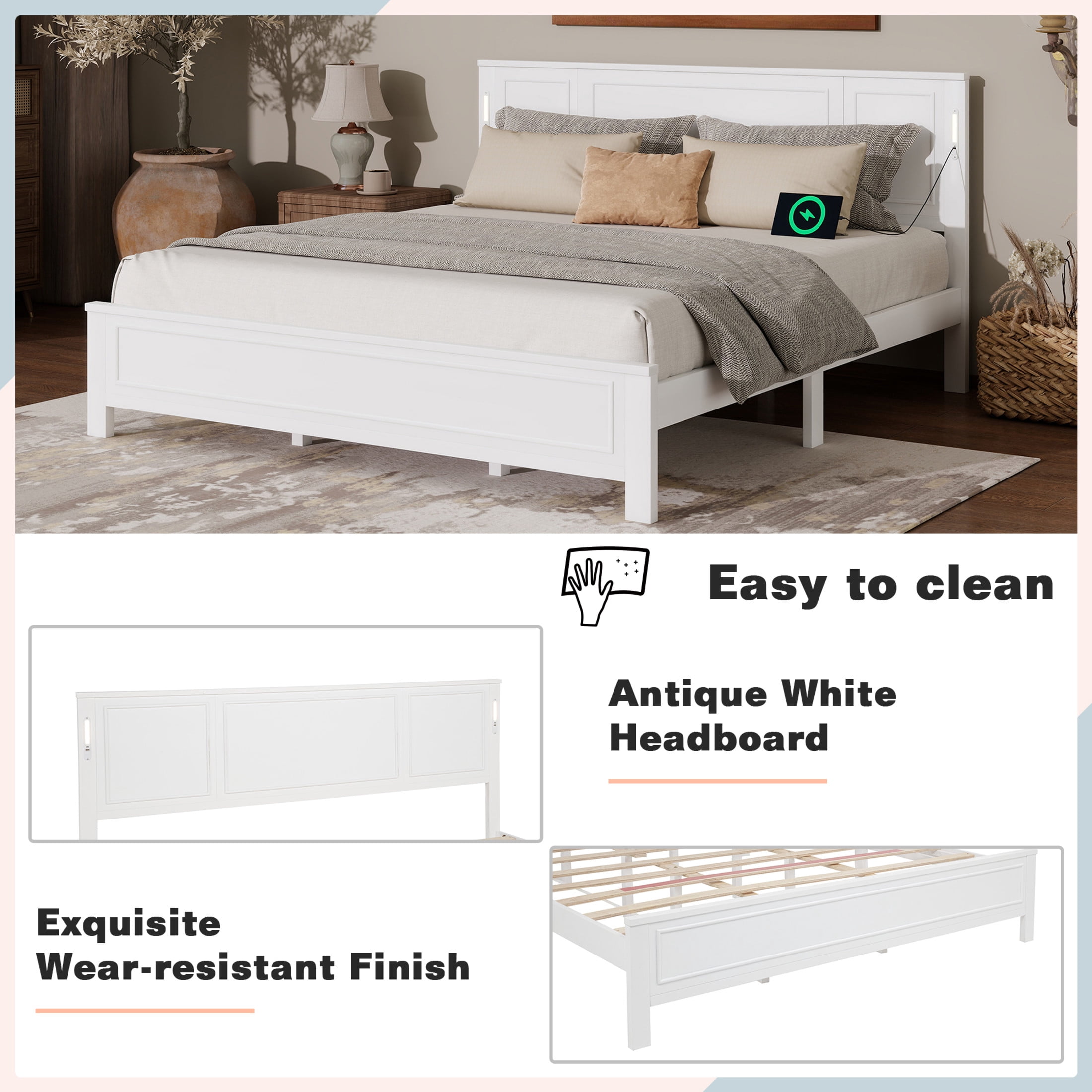 Noble House Nesta King Bed Frame with LED Headboard and USB Charging Station, Solid Pine Wood, Kid's Room, White