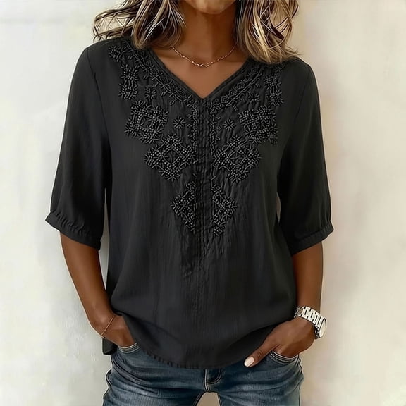 Ayolanni Collarless Shirts for Women Solid Embroidered V-Neck 3/4 Sleeve Blouse Fitted Cotton Linen Comfortable Tees Summer Tops for Women Black L