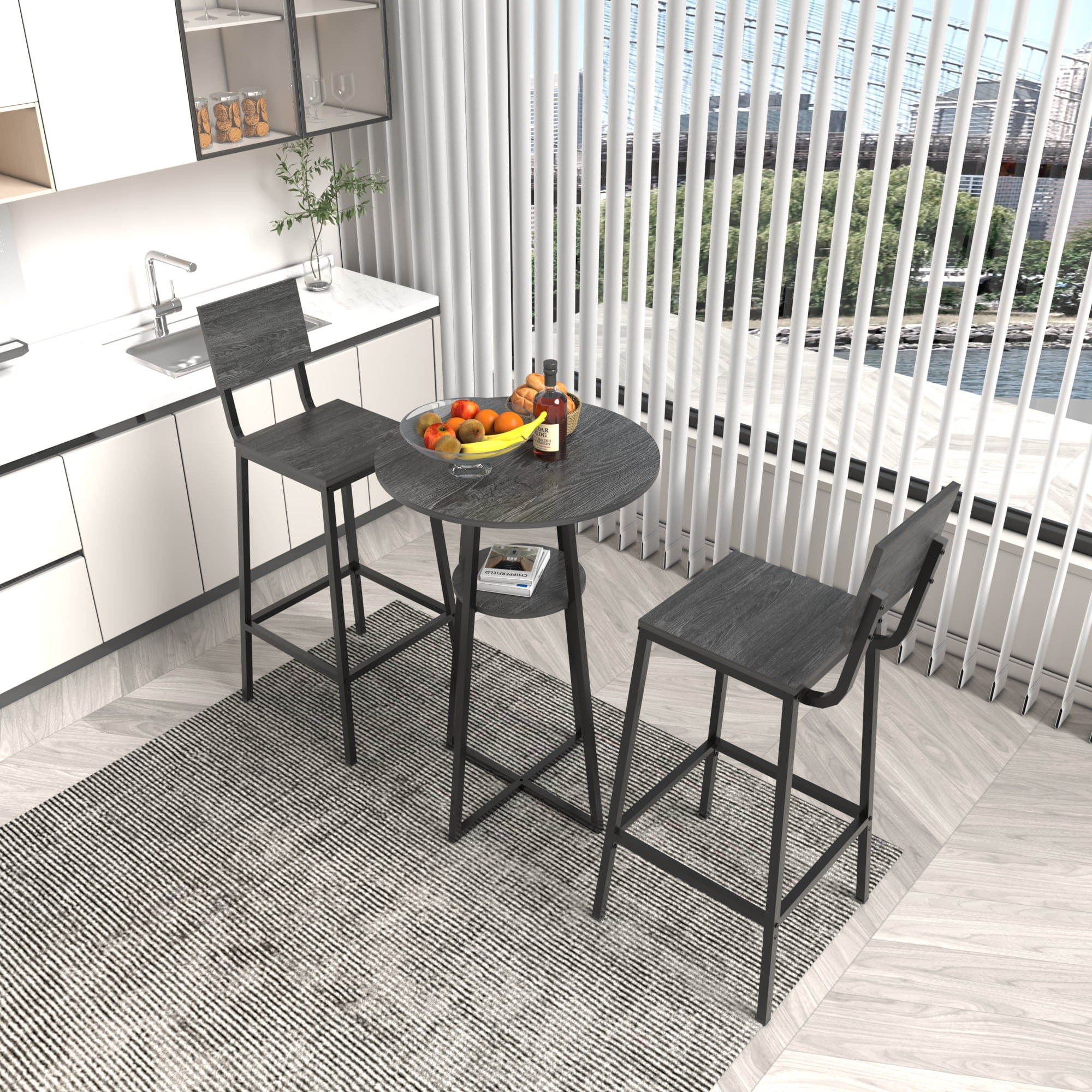 GARITIN 3 Piece Bar Table Set with 2 Bar Stools, Round Pub Height Bistro Table with Storage Shelf for Kitchen Apartment Balcony, Charcoal Grey
