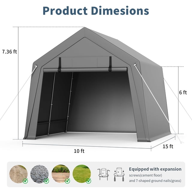 BeesClover Garage Extérieur Portable 10 X 15 Pi, Remise de Rangement Portable Étanche et Résistante aux UV avec 2 Portes Enroulables, Tente d'Abri d'Auto pour Motocyclette, Vélo et Outils