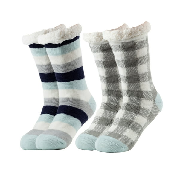 Treehouse Knit (2 Pack) Colorful Womens Thick Knit Winter Sherpa Fleece Slipper Socks Grippers
