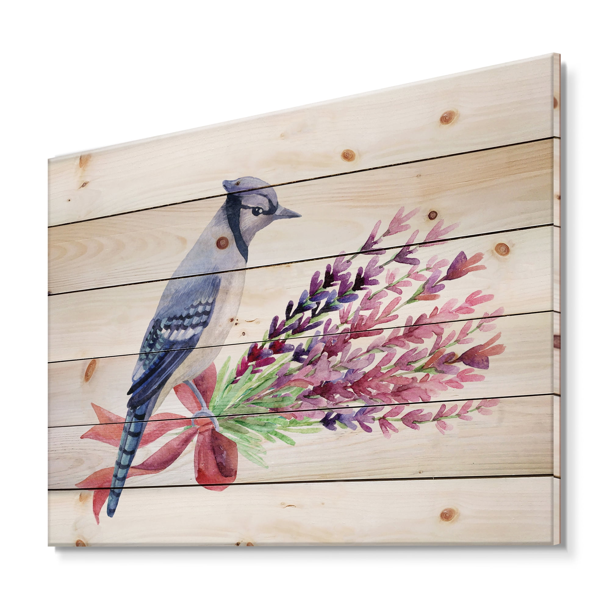 Designart 'Blue Jay Bird On Bouquet Of Pink Flowers' Traditional Print on Natural Pine Wood