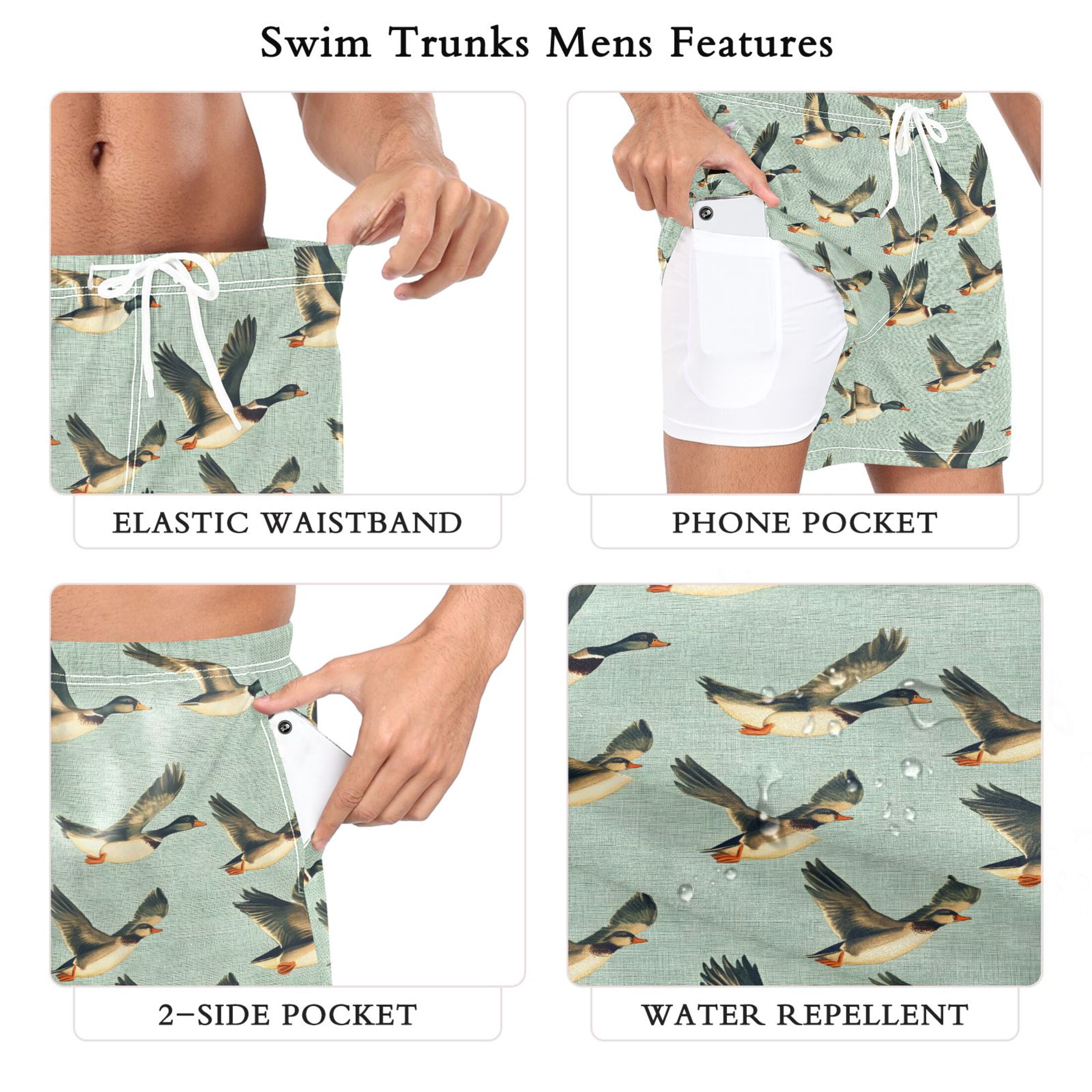 joogoo Men's Ducks Flying Swim Trunks with Liner Pocket Beach Shorts L