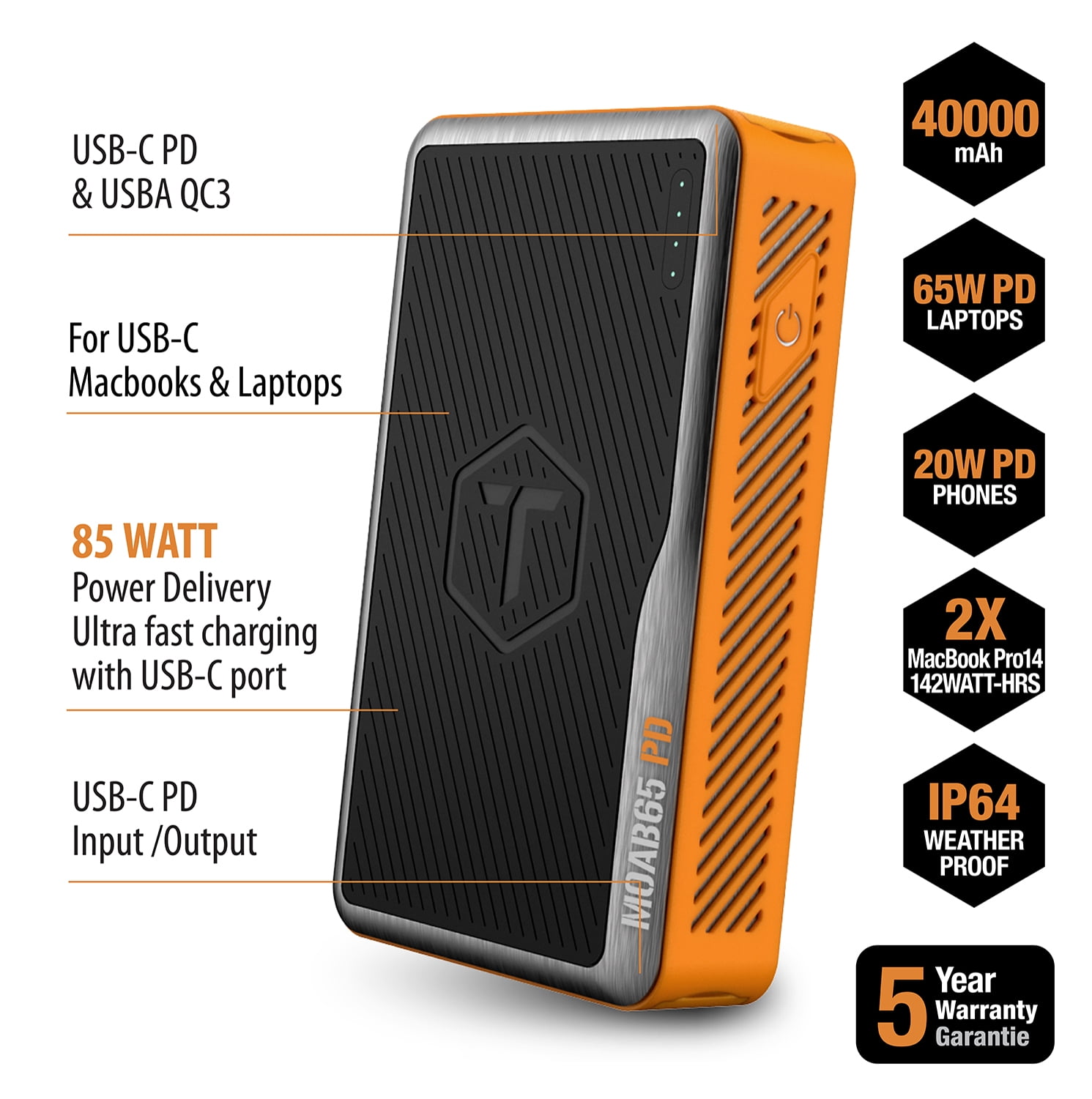 ToughTested MOAB 65 40,000mAh Rugged Power Bank with 65W & 20W Dual USB-C PD, USB-A QC3.0, IP64 Weatherproof, Pass-Through Charging & 5-Year Warranty for Laptops, Smartphones, Travel & Outdoor Use