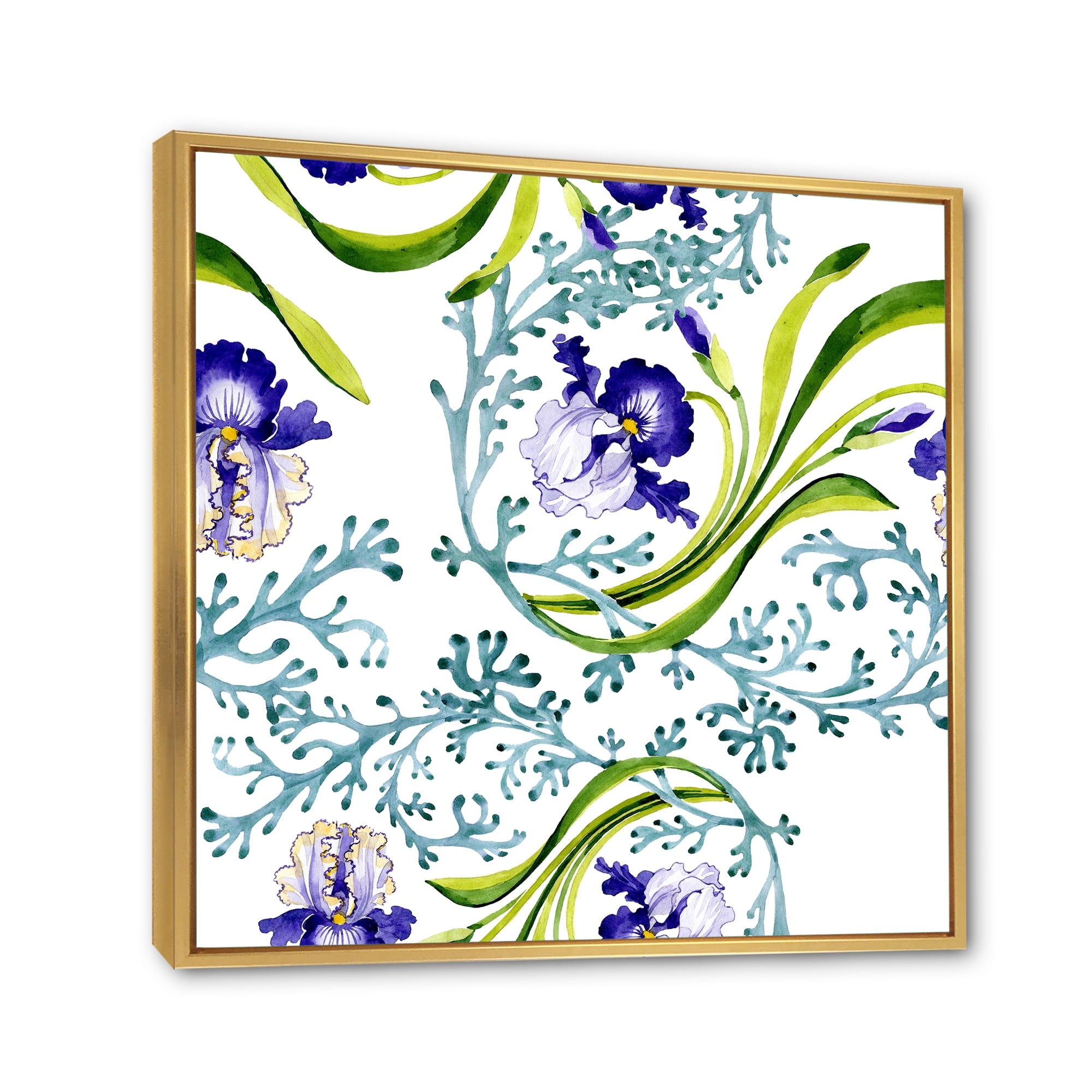 Designart 'Abstract Blue Iris With Wild Spring Leaves' Traditional Framed Canvas Wall Art Print