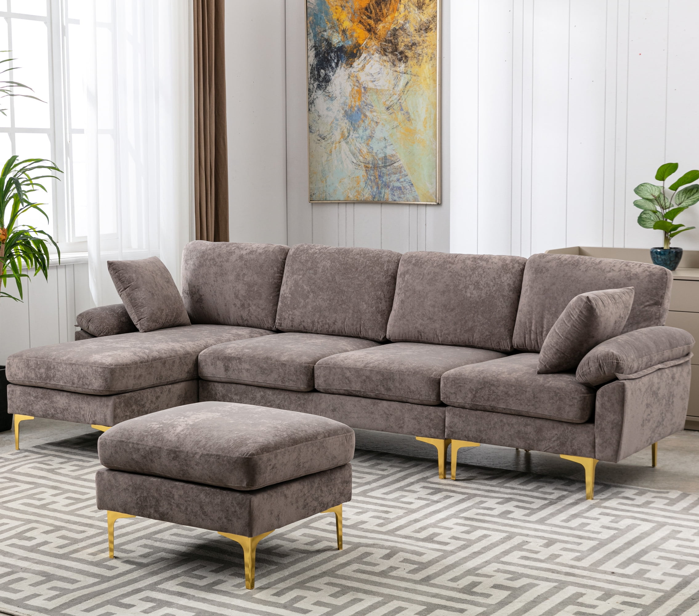 Upholstered Sectional Sofa with Movable Ottoman and Metal Legs, Modern