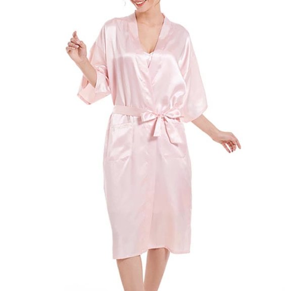 Glossy Robe for Men Solid Color Nightgown Robe Mid Length Bathrobe Silkiy Satin Loungewear with Pockets Pink XL