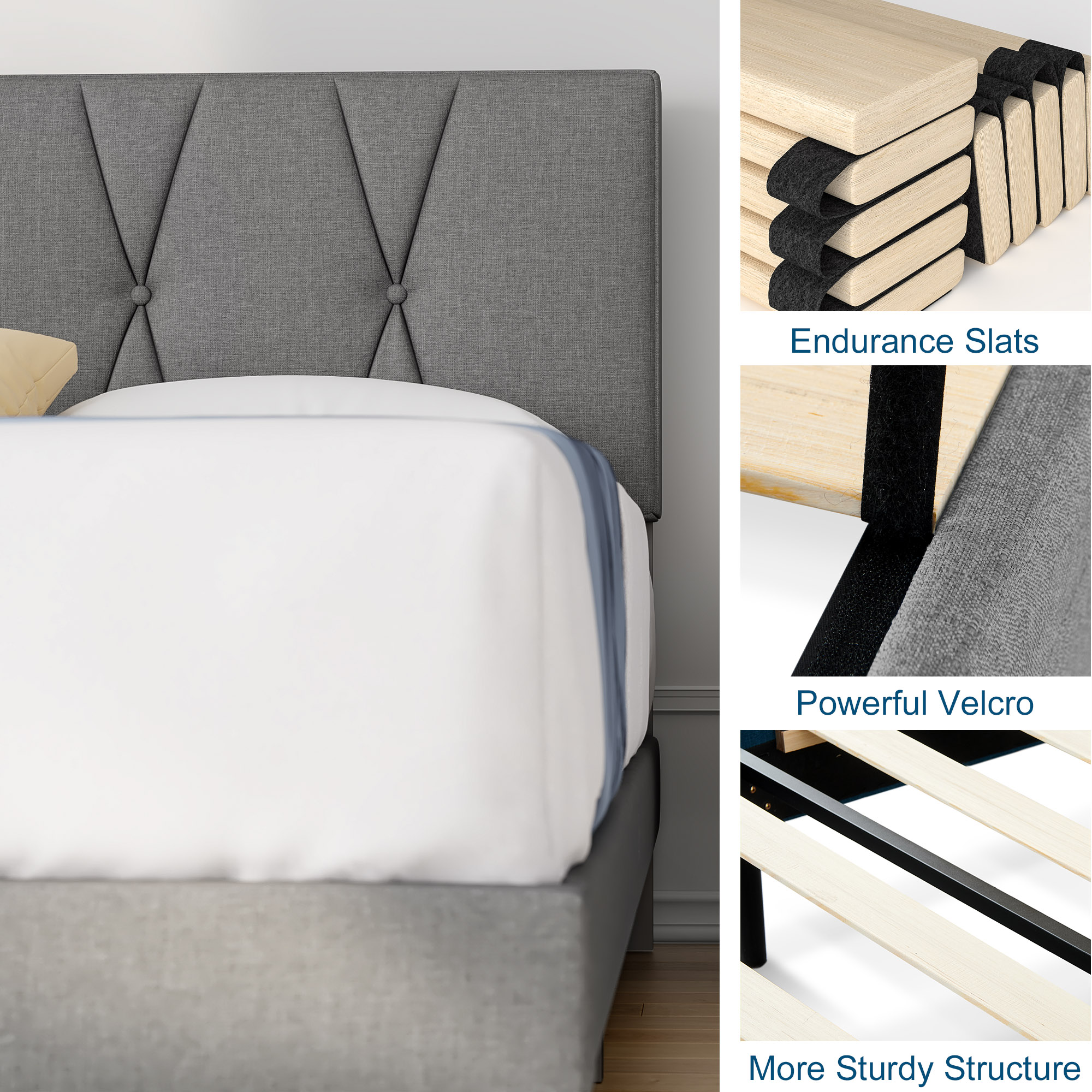 King Bed Frame, HAIIDE King Size Platform Bed With Fabric Upholstered Headboard,Light Grey - image 3 of 7