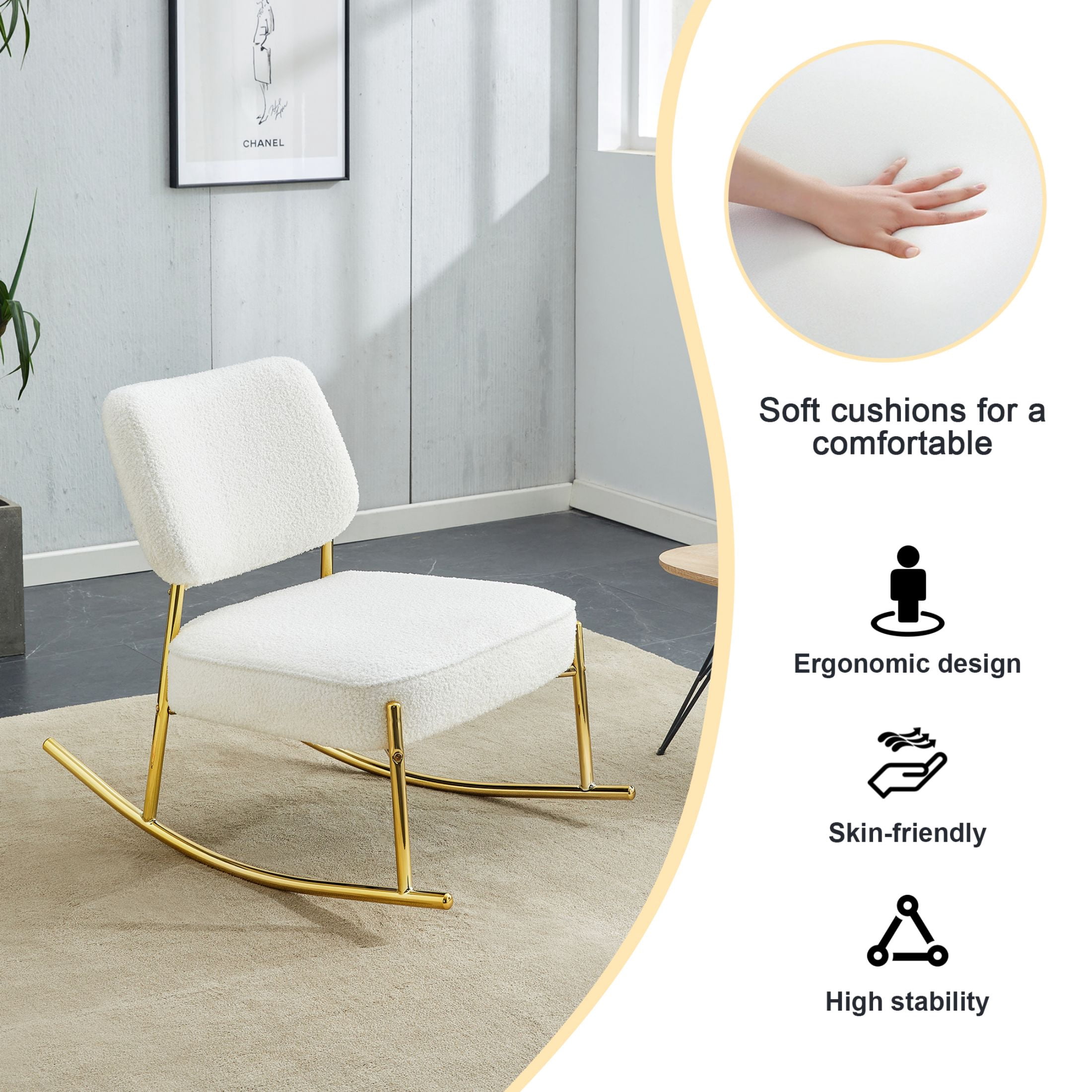 Aukfa Deep Seating Rocking Chair with Teddy Padded Seat, Golden Metal Legs for Living Room, White