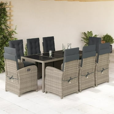 vidaXL 9 Piece Patio Dining Set with Cushions Gray Poly Rattan