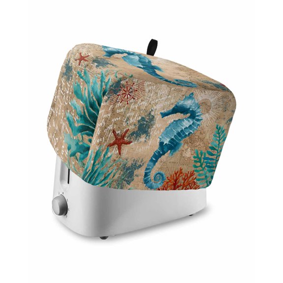Fsddascl Sea Seahorse Coastal Toaster Cover 2 Slice, Small Kitchen Appliance Covers, Brown Nautical Summer Coral Vintage Toaster Oven Cover with Loop, Bread Machine Cover Dust Cover Protection