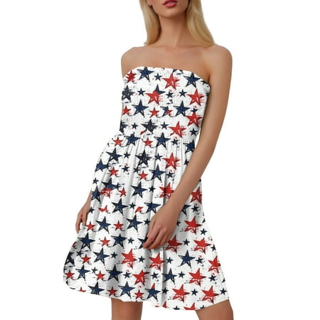 DBAIXID July 4th Dress for Women Sleeveless Red White and Blue Plus Size Boat Neck Strapless off Shoulder Dress USA American Flag All-American Family Pride Loose Summer Dresses Dark Blue M