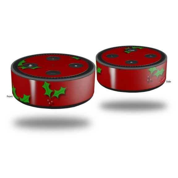 Skin Wrap Decal Set 2 Pack for Amazon Echo Dot 2 - Christmas Holly Leaves on Red (2nd Generation ONLY - Echo NOT INCLUDED)