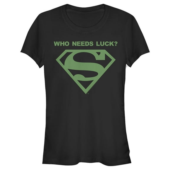 Junior's Superman St. Patrick's Day Who Needs Luck? Graphic Tee Black Medium