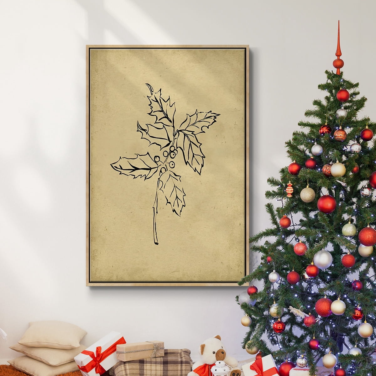 Holly Branch I - Framed Gallery Wrapped Holiday Canvas - 17 x 25 - Natural Wood Frame