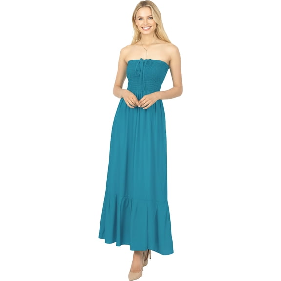 HAPPY BAY Women's Solid Smocked Tube Top Maxi Evening Frill Dress Casual Strapless Dresses for Women One Size Sapphire, Solid