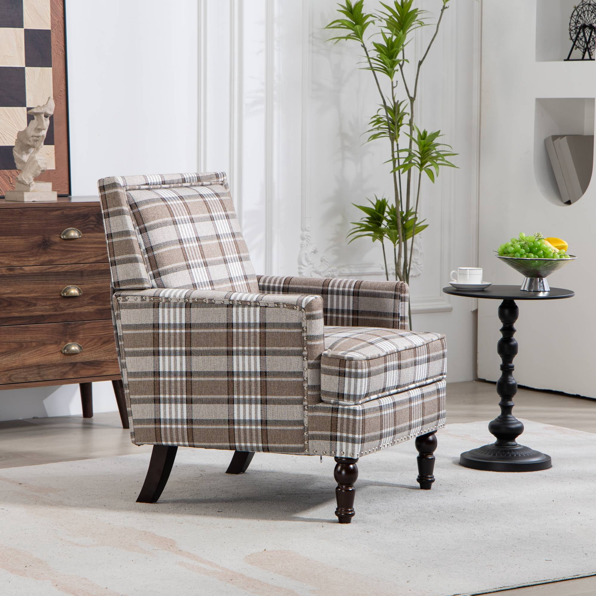 Mid Century Accent Chair Comfy Armchair with Wooden Legs & Nailhead Trim, Blue and White Striped Vintage Arm Chair, Coffee