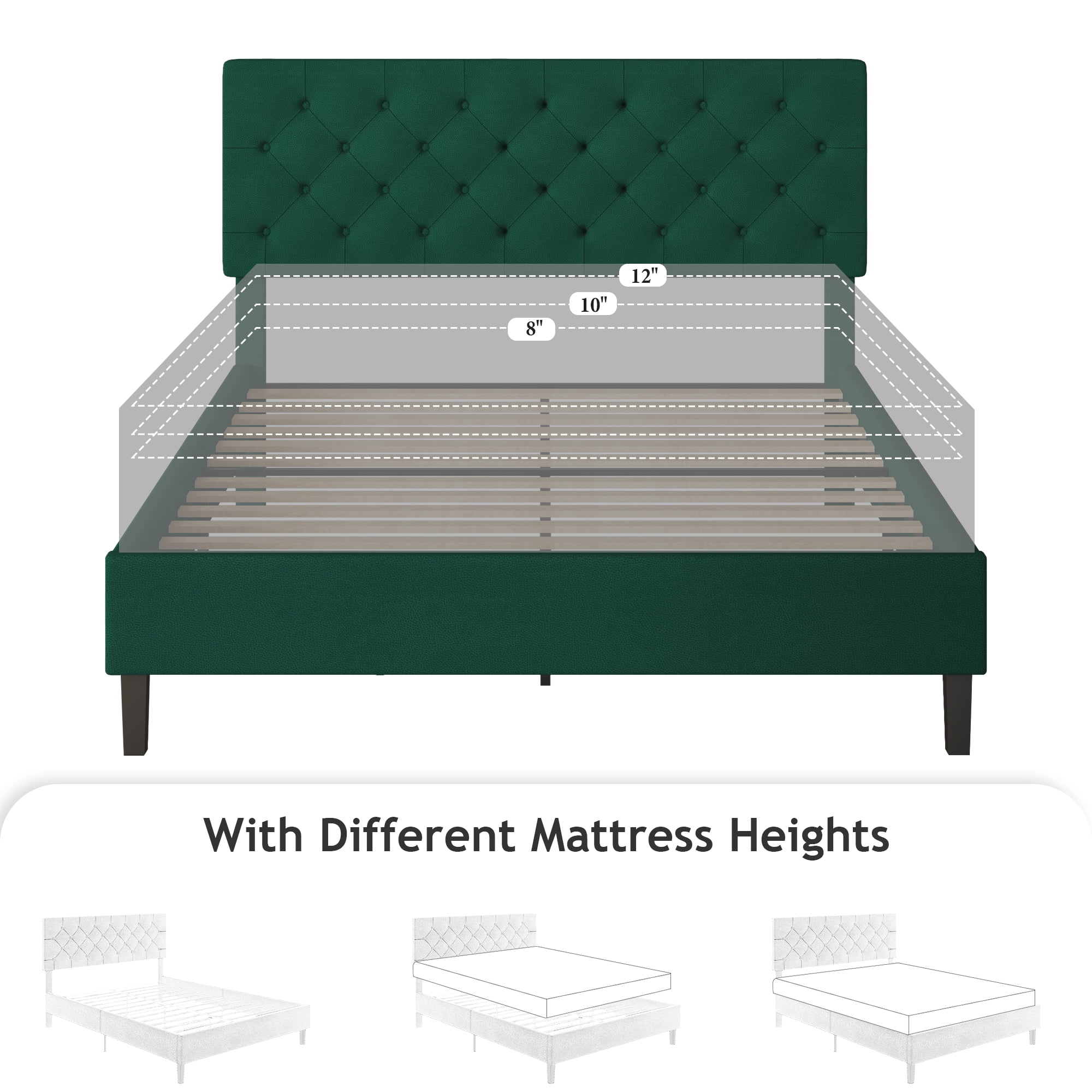 4 EVER WINNER Queen Bed Frame, Queen Upholstered Platform Bed with Button Tufted Headboard, Green
