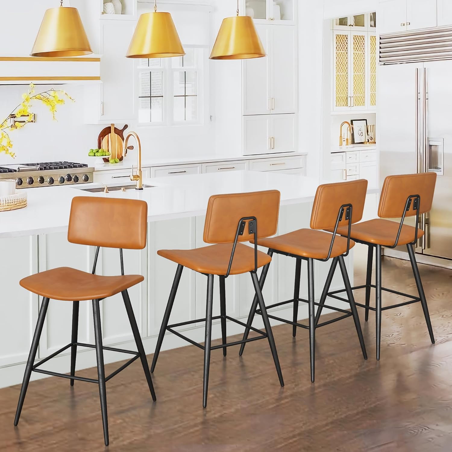Dycanpo 24.5" Counter Height Bar Stools Set of 4, Faux Leather Upholstered Barstools, Brown