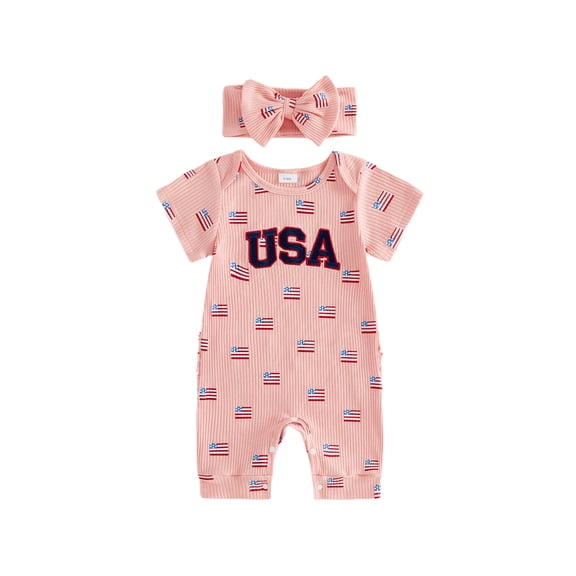 BemeyourBBs Newborn Baby Girl 4th of July Outfit Baby Girls Fourth of July Outfit Patriot Independent Day Clothes Summer Ribbed Romper USA Letter Embroidery Flag Print Short Sleeve Bodysuit Jumpsuit
