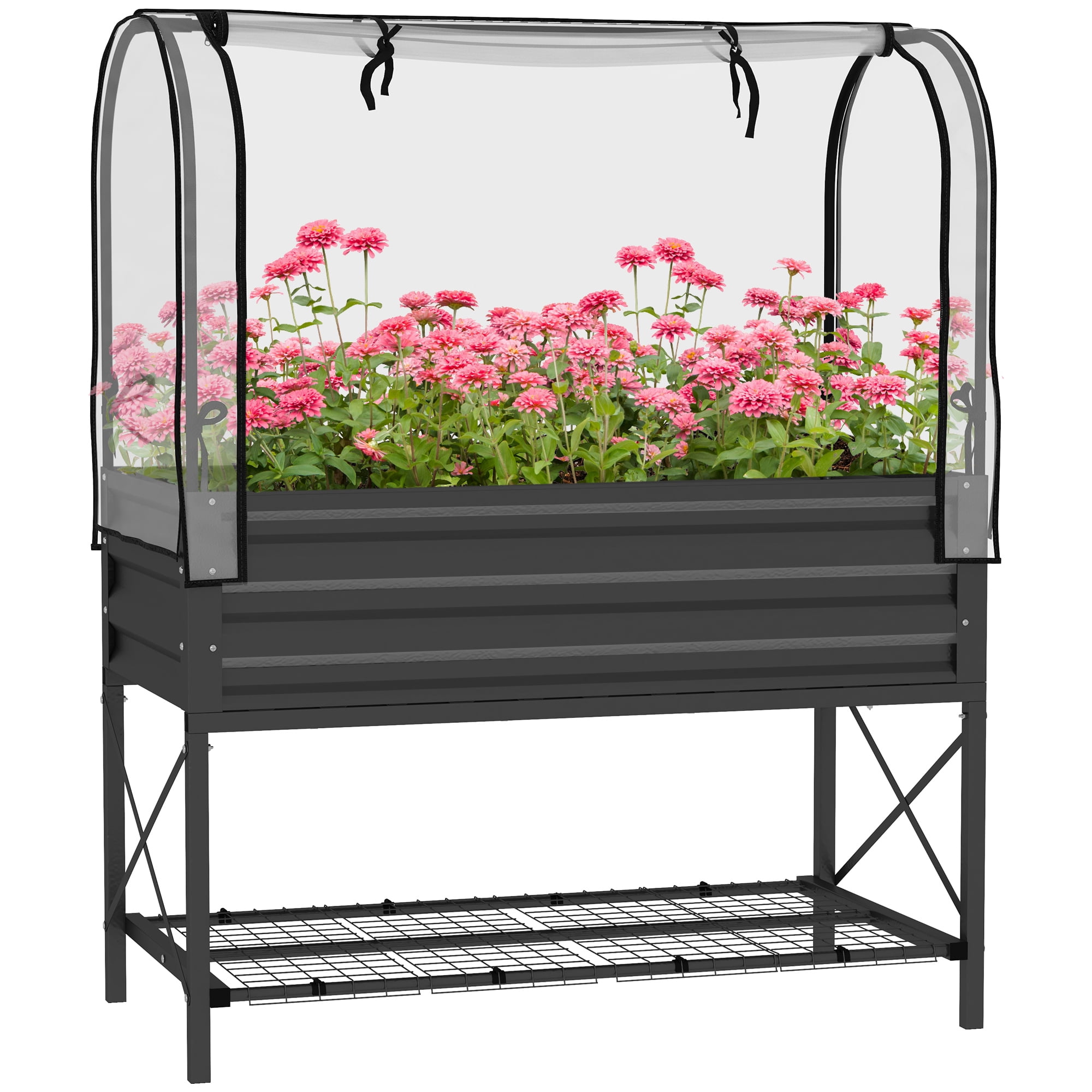 Outsunny Raised Garden Bed with Cover and Storage Shelf, Rectangular Metal Elevated Planter Box with Legs and Bed Liner, Black