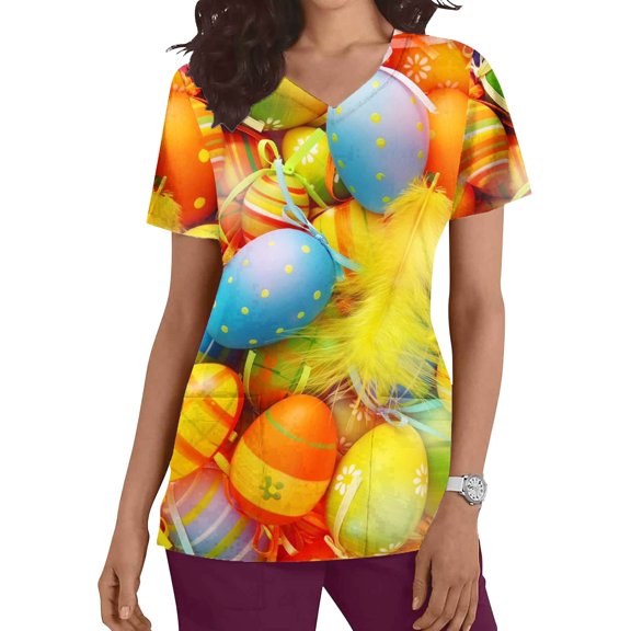 BEFOKA Graphic Scrub Tops Women Short Sleeve V Neck Scrub for Womens Cute Printed Nursing Uniforms Shirts with Pockets Classic Holiday Scrub Shirt