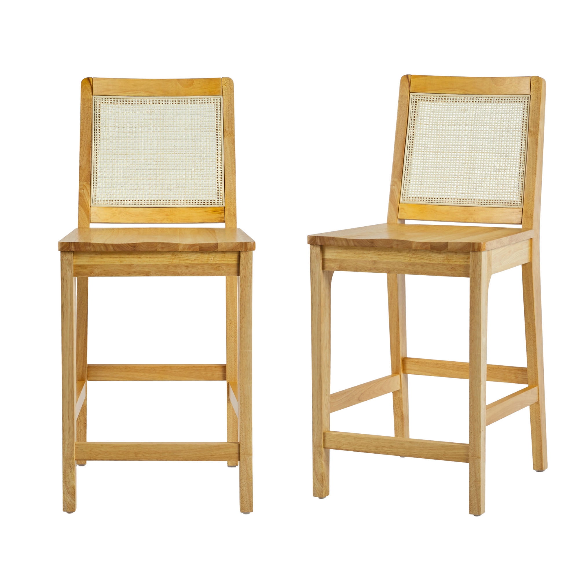 Walker Edison Collection Solid Wood Counter Stool with Woven Rattan Back, Natural (Set of 2)