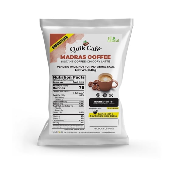 QuikCafé Instant Unsweetened Madras Coffee Latte Premix - Rich aroma of Coffee and Chicory, No artificial colors, flavors or preservatives, No Sugar Added – 22.57 oz (640g) makes 40 servings, Kosher