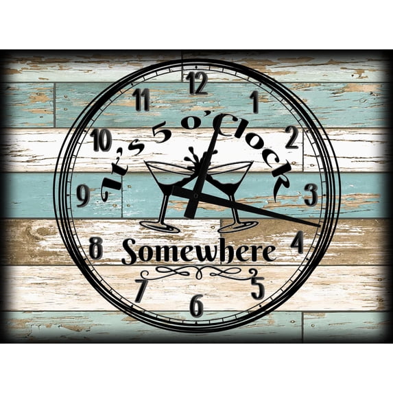 Large Teal White Wood Grain Wall Clock on Canvas Art 5 o'clock Somewhere Martini 12 x 16 Inch Wall Decor