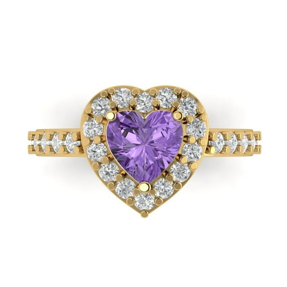 2.03 ctw with Simulated Diamond Halo Accents Anniversary Ring for Women | Heart Cut Simulated Alexandrite | Hyperallergenic Solid 14K Yellow Gold