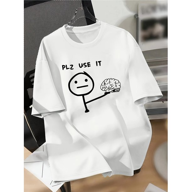 Women's Casual Graphic Tee - "Plz Use It" Cartoon Brain Design, Short Sleeve Crew Neck, Polyester Spandex Blend, Machine Washable, Relaxed Fit for Spring & Summer, Ladies T Shirts