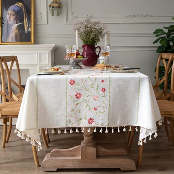 Table Cloth Embroidery Floral Pattern Wrinkle Free Heavy Weight Cotton Linen Farmhouse Tablecloth Decorative Fabric Tassel Table Cover for Outdoor and Indoor Use (Rectangle,140*200cm)