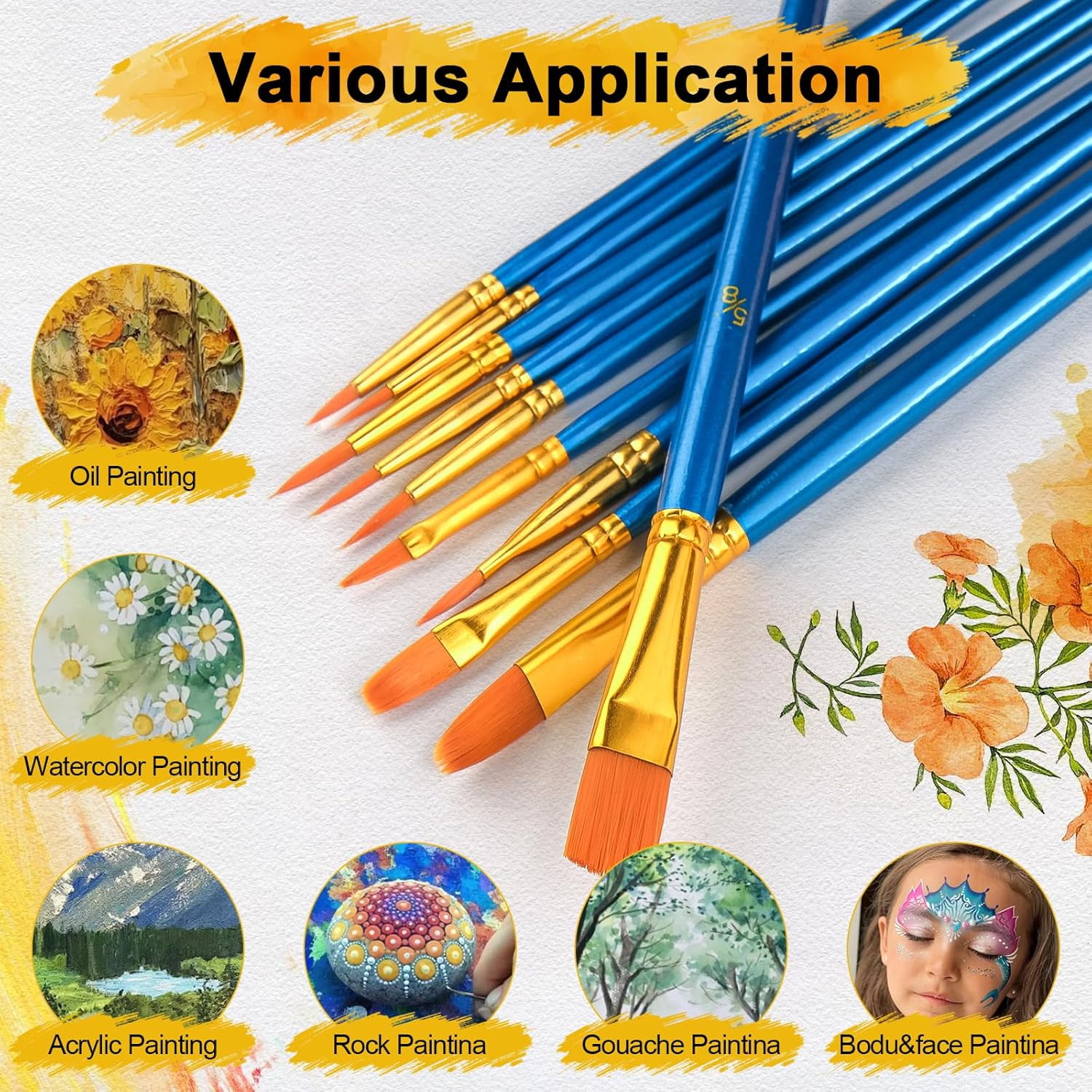 JJEAN-Acrylic Paint Brushes Set, 50Pcs Round Pointed Tip Artist Paintbrushes for Acrylic Painting Oil Watercolor Canvas Boards Rock Body Face Nail Art, Halloween Pumpkin Ceramic Crafts SuppliesBlue