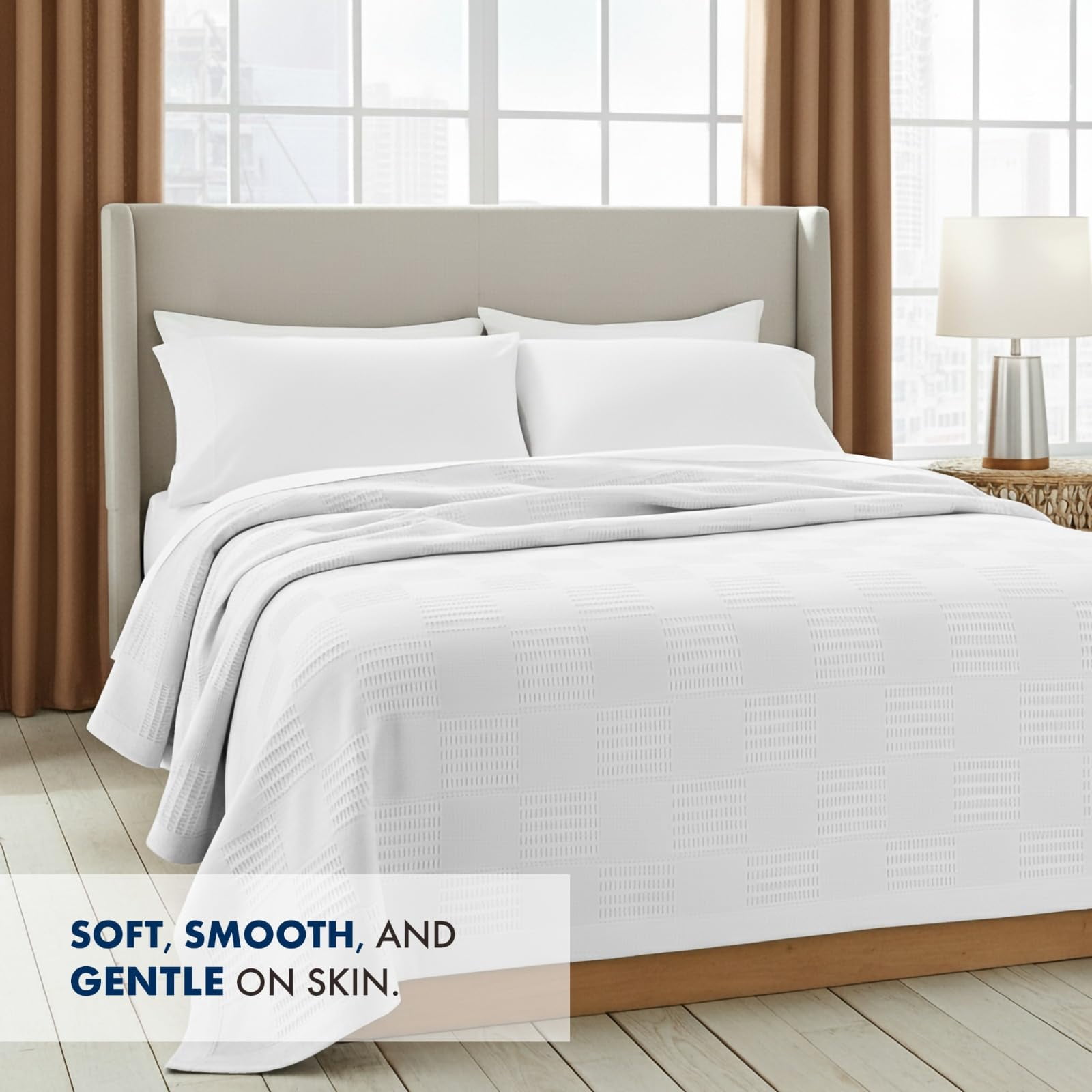 Linteum Textile Supply 100% Cotton Thermal Snag-Free Blanket (White, Queen) 90x90 in