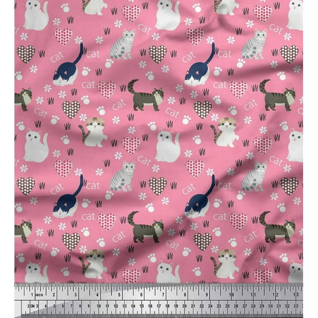 Soimoi Rayon Fabric Heart,Footprint & Cat Animal Print Fabric by Yard 56 Inch Wide