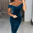 thumbnail image 3 of QUYUON Formal Dresses for Women Evening Party Off the Shoulder Bodycon Midi Dress Solid Color Wedding Guest Cocktail Party Dresses Elegant Off Shoulder Pencil Dress, 3 of 9