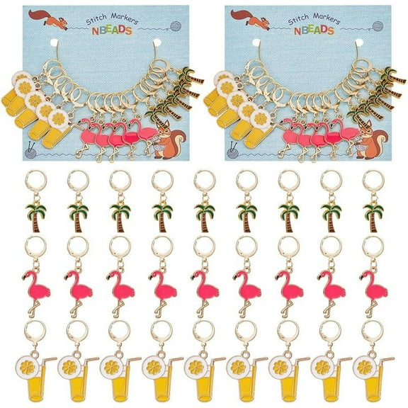 30 Pcs Summer Theme Stitch Markers Juice/Flamingo/Coconut Tree Enamel Crochet Stitch Marker with Removable Leverback Hoop for Knitting Weaving Quilting Handmade Jewelry DIY