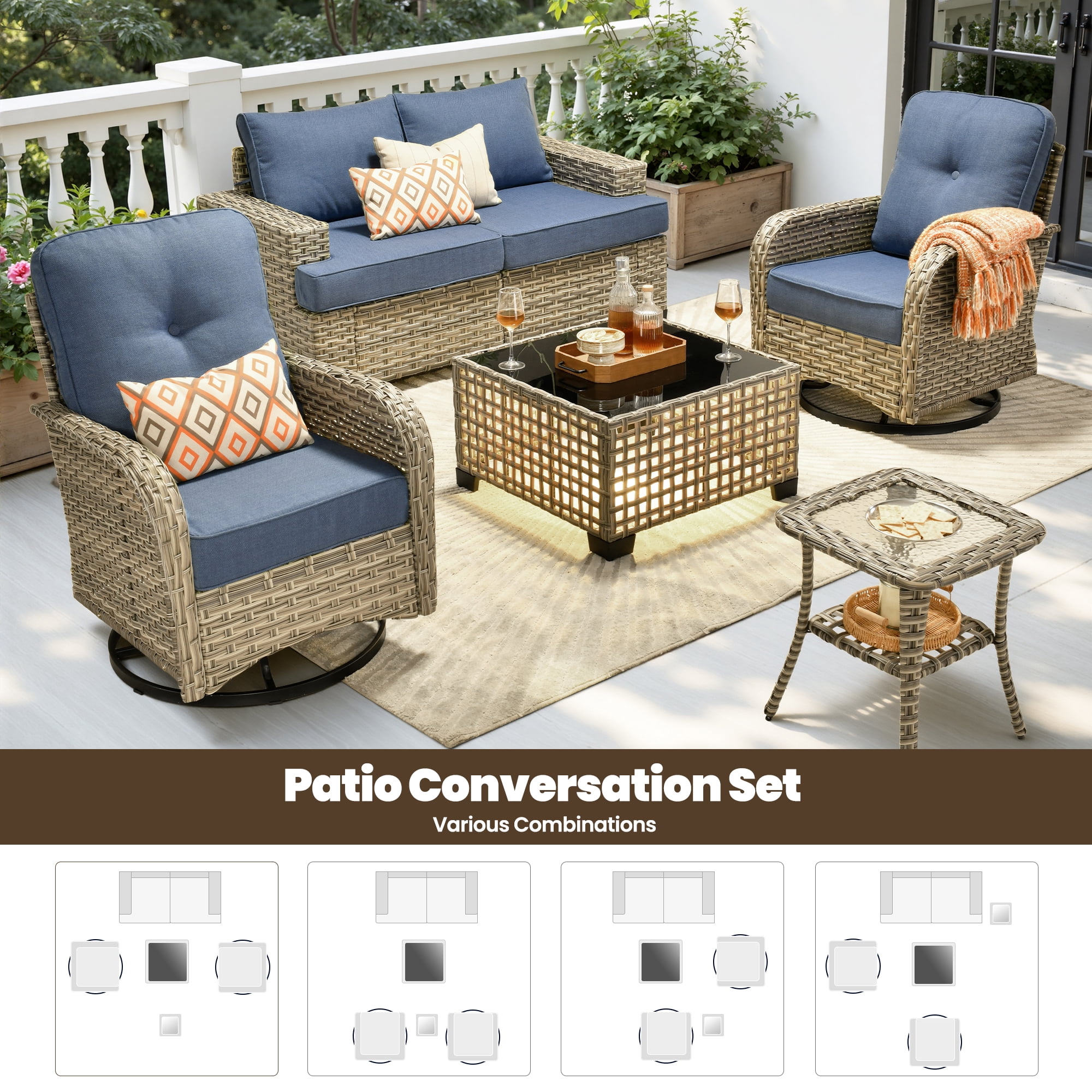 Toject 6 Pieces Patio Furniture Set, All Weather Wicker Patio Conversation Set with Swivel Chairs, Outdoor Furniture for Garden, Denim Blue