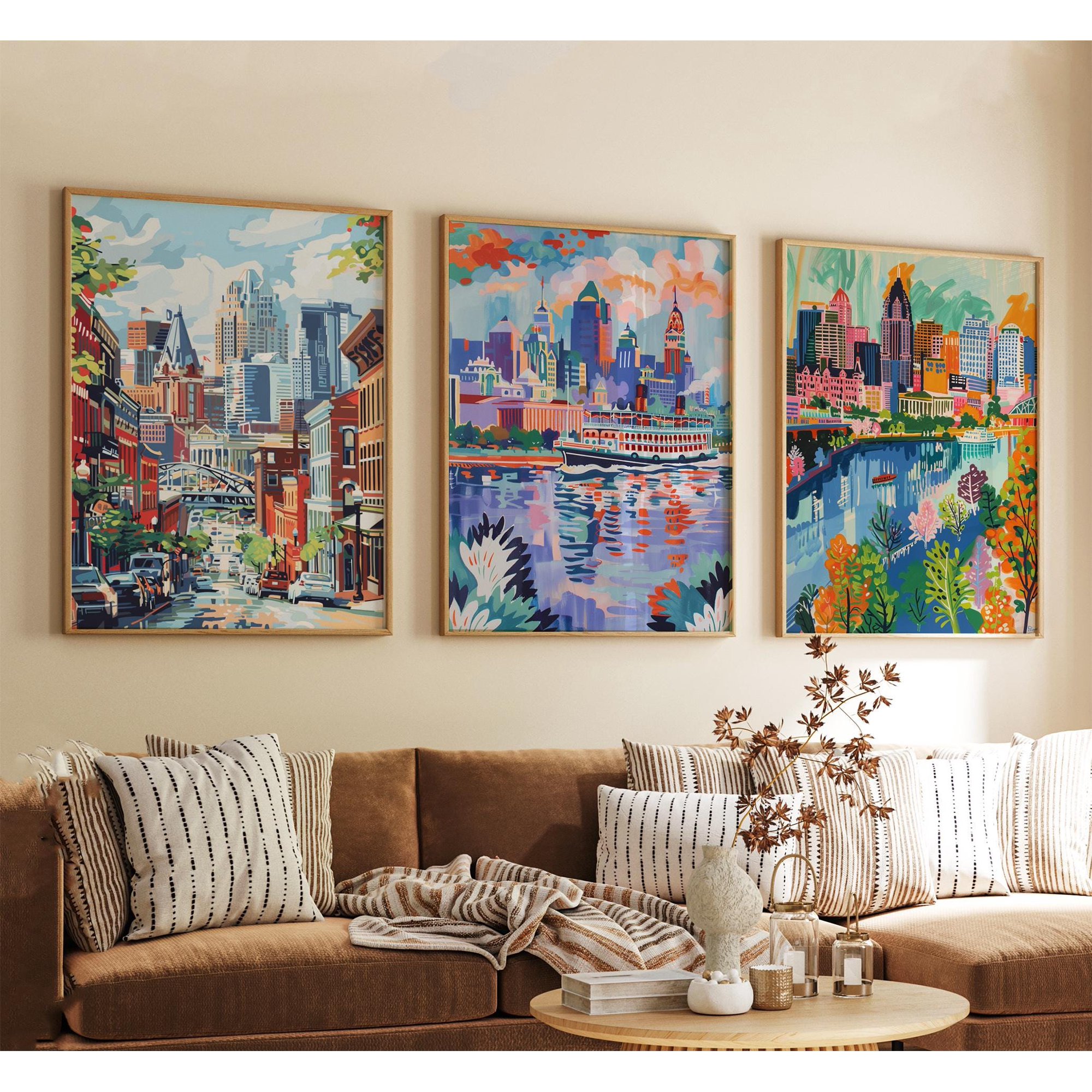 Louisville Kentucky Poster City Travel Wall Art Usa Riverfront Skyline Print Vintage Minimalist Style Set 3