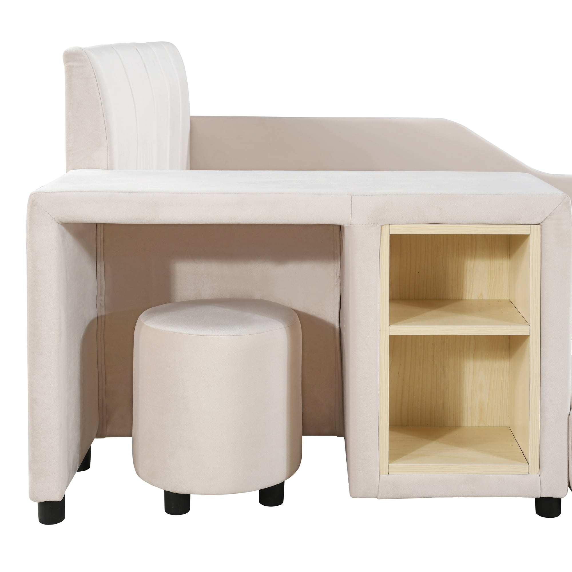 Aukfa Full Size Mother & Child Bed Frame, Velvet Upholstered Platform Bed with Bedside Desk & Stool, Grounded Design, Beige