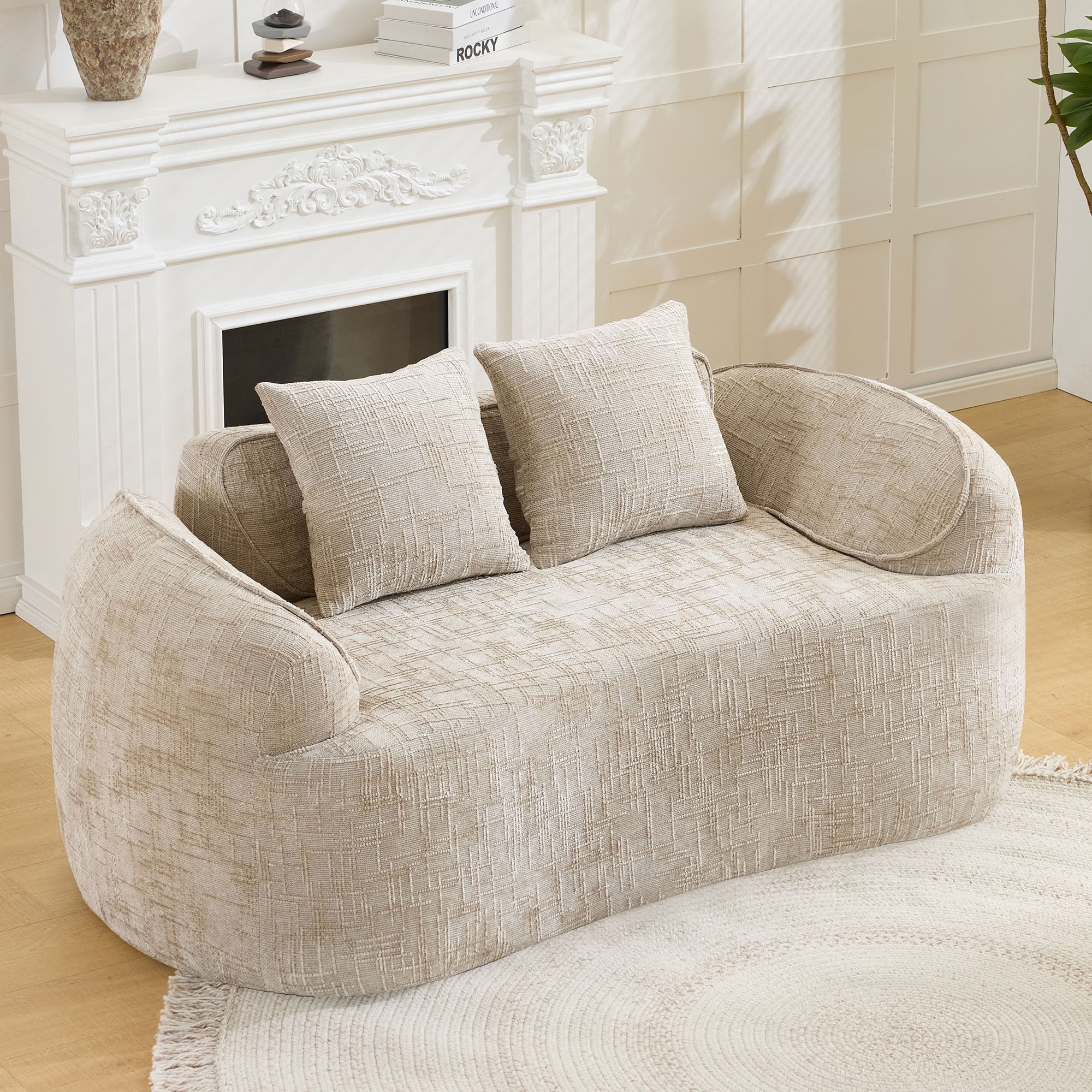 MAYEERTY Curved Compressed Loveseat Sofa, Chenille 2-Seat Upholstered Couch with 2 Pillows, No-Assembly for Small Apartment Living Room Bedroom