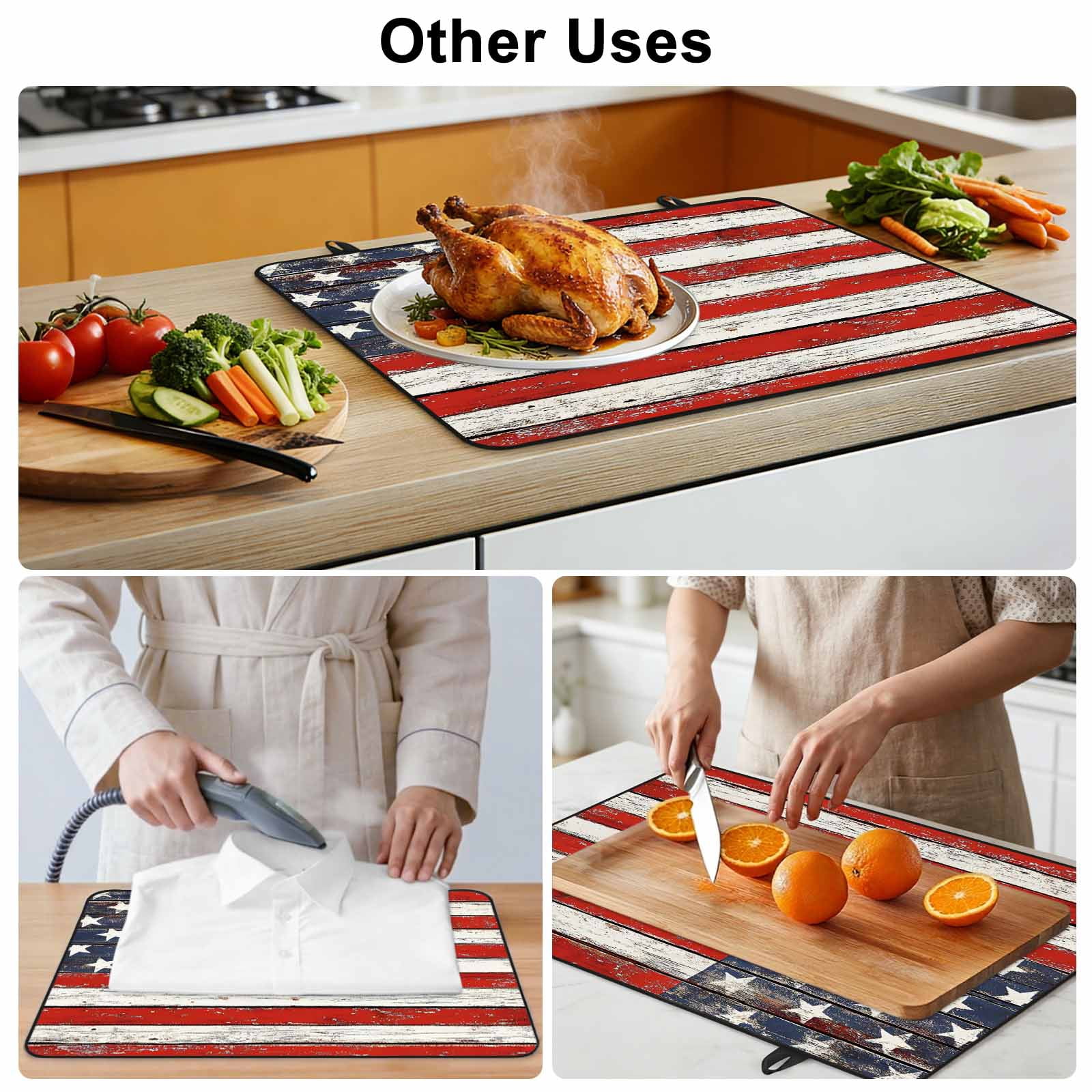 American Flag Stove Top Cover for Electric Stove, Heat-proof & Non Slip Glass Top Stove Cover Protector, Red Blue Star Stripes Rustic Farmhouse Wood Kitchen Flat Cooktop Rubber Mat 24x21 Inches