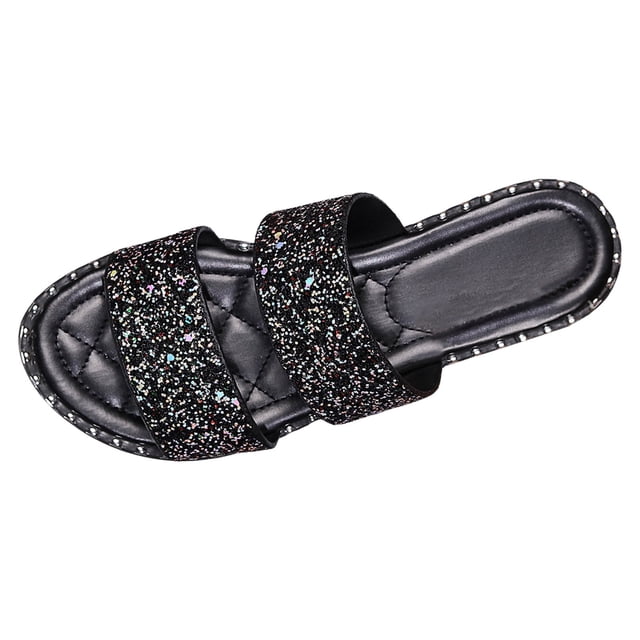 IUJSOY Women's Glitter Two Band Slides Sandals Flats Slip on Rivet Memory Foam Summer Slippers