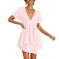 thumbnail image 3 of gakvbuo Summer Dress For Womens Casual Twist Front V Neck Dress Long Sleeve Waist Tie Ruffle Swing Mini Dresses Tiered Layer A-Line Short Dress, 3 of 9