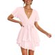 thumbnail image 4 of Mujer Casual Manga Corta Verano Cintura Corbata Doble Capa Volantes Cuello V Vendaje Túnica Vestido Sólido Fridja  qw4207, 4 of 9