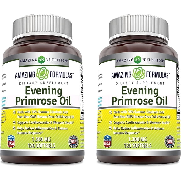 Amazing Formulas Evening Primrose Oil 1300mg, 10% GLA, 120 Softgels Supplement | Hexane Free Cold Pressed Oil | Non-GMO | Gluten Free - Pack of 2