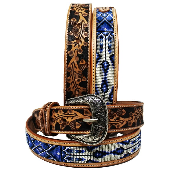 31-32 Unisex 1.5" Western Floral Tooled Beaded Full-Grain Leather Belt 26RT50B