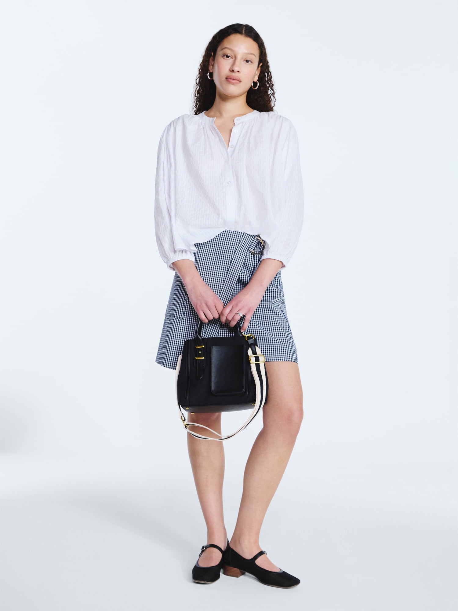 Free Assembly Women's Shirred Cotton Button Down Blouse with Long Sleeves, Sizes XS-XXL