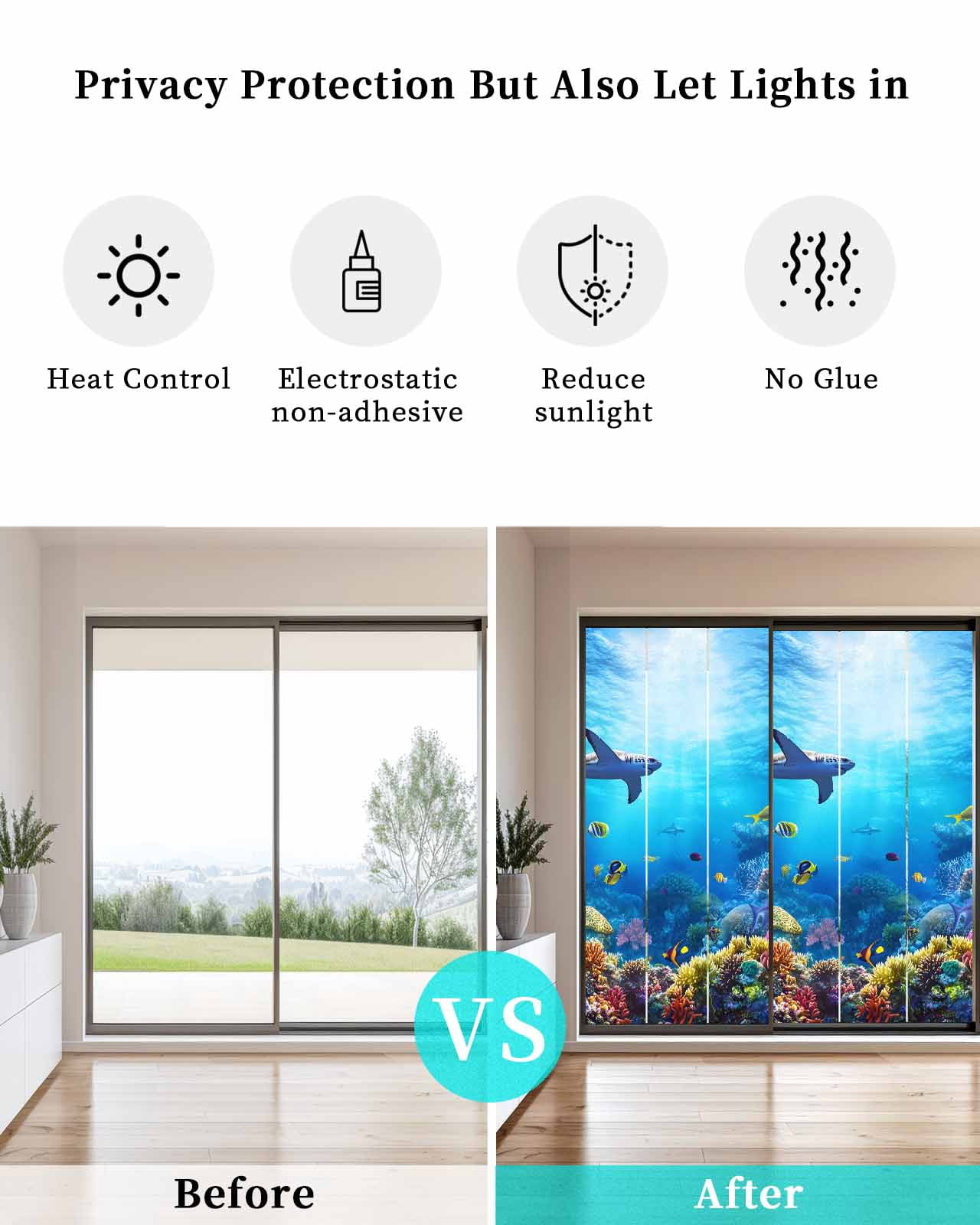 Window Privacy Film Shark Stained Glass Window Film Decorative Sun Block Window Cover Blue Ocean Underwater Animal Coral Tropical Fish Window Clings Static Adhesive Sticker for Bathroom 23.6"x59"