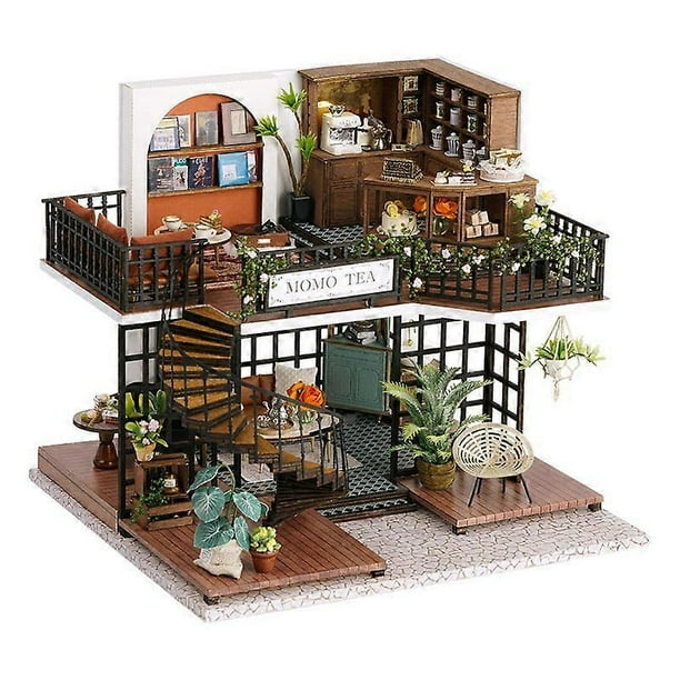 Wooden DIY hut jungle Momo Tea scaled cute shop exquisite ornaments furniture with dust cover, creative romantic birthday gift